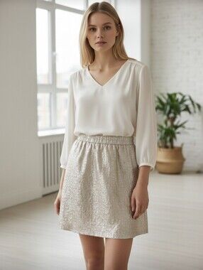 Ann Taylor LOFT Cream - Silver Shimmer Jacquard Skirt Size 6